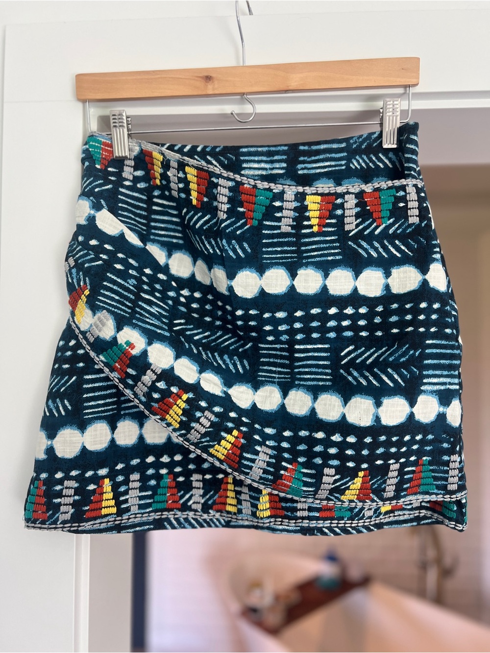 Free People Boho Teal Wrap Mini Skirt with Multicolor Embroidery